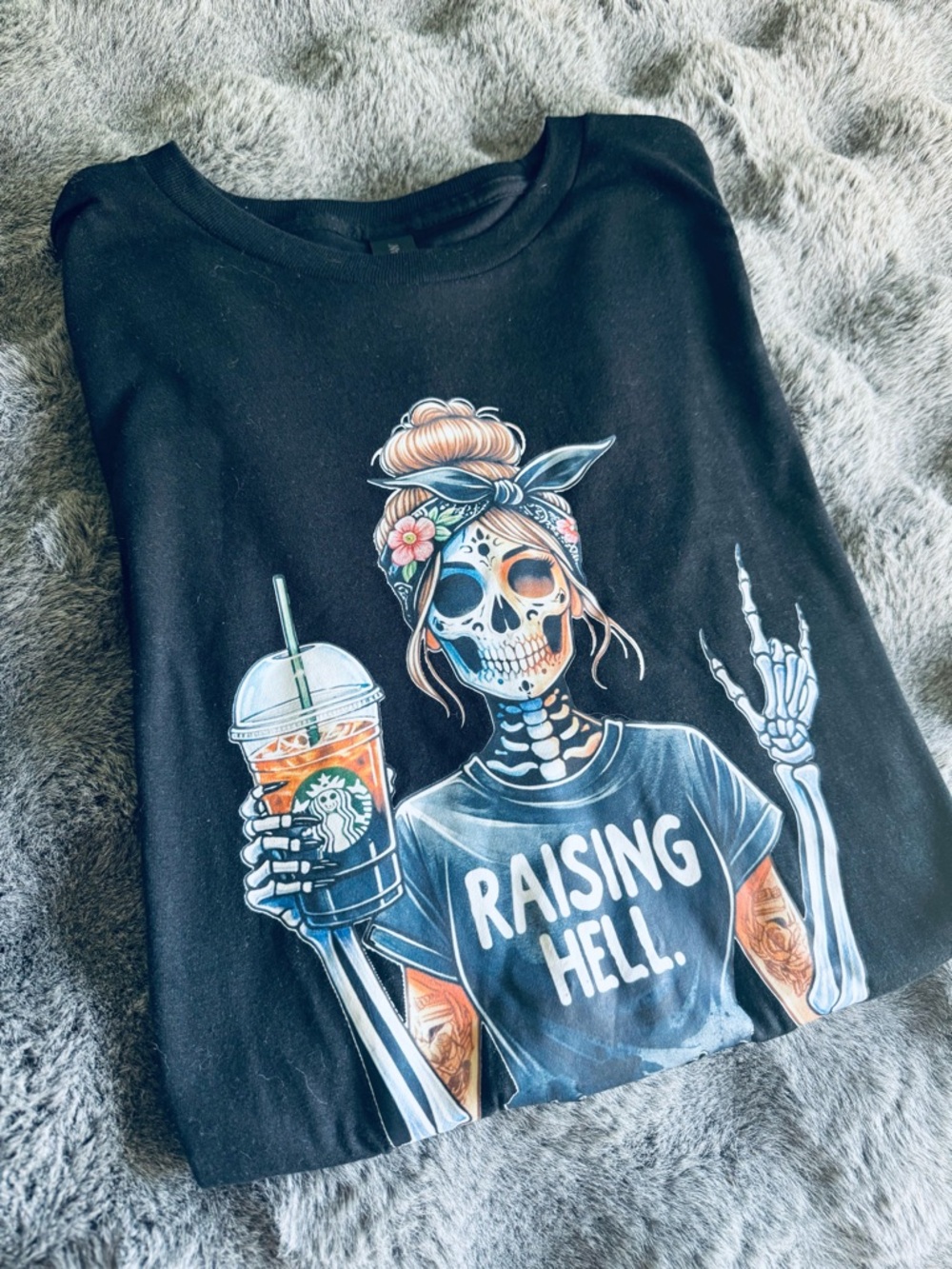 Boutique Womens Graphic Tee Raising Hell Skeleton Coffee Skull Tee XL NWOT